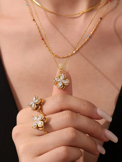 Gorgeous Zircon Necklace Earrings Ring Revolving Flower Pendant Gold Plated Chain Stainless Steel Charm Jewelry Gift