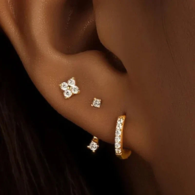 3Pcs Double Crystal Tragus Earring Floral Set Cartilage Helix Stud Earrings Bulk Lobe Hoop Earing Lot Fashion Jewelry Gift