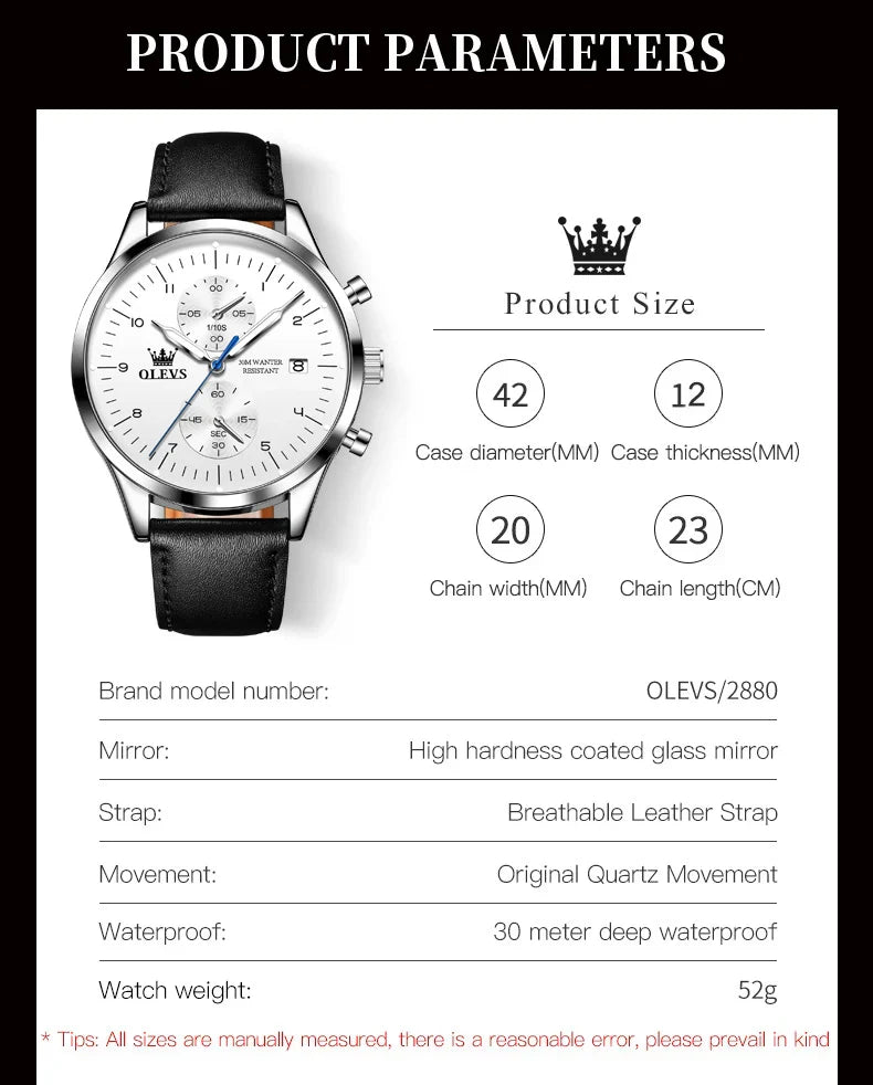Luxus Quarzuhr für Herren – Wasserdicht, Chronograph, Luminous, Automatisches Datum