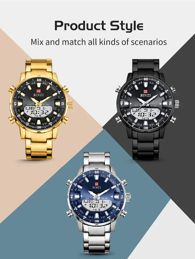 Luxus Herren-Armbanduhr 2025 – Goldene Edelstahluhr mit Dual Display | Relogio Masculino