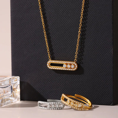 Stainless Steel 18K Chain Gold Color Luxury Necklace Shiny Zirconia Hollow Pendant Necklace Ring Jewelry Set Gift