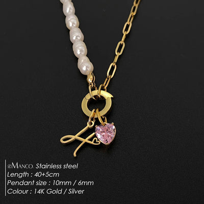 eManco Natural Freshwater Pearl Heart Stainless Steel Cubic Zirconia Pendant Necklace Aesthetic Luxury Chain Jewelry Gift – Halskette
