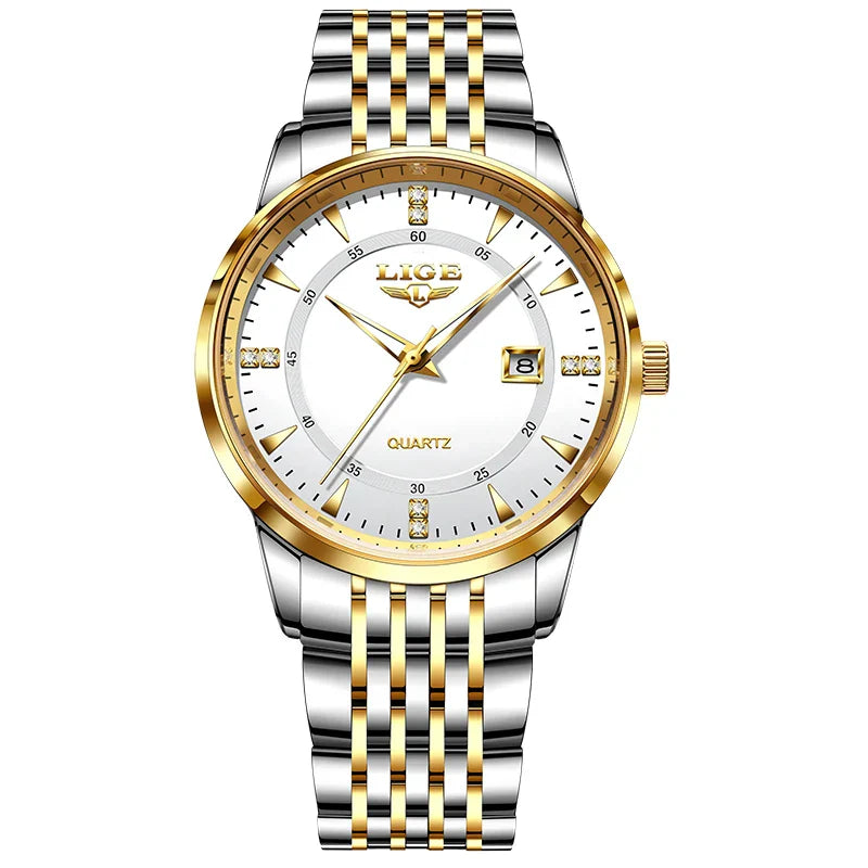 LIGE Damen Quarzuhr – Goldene Edelstahl Armbanduhr mit Luminous Zeigern, Stopuhr, Wasserfest, Auto-Datum – Luxus Armbanduhr für Damen