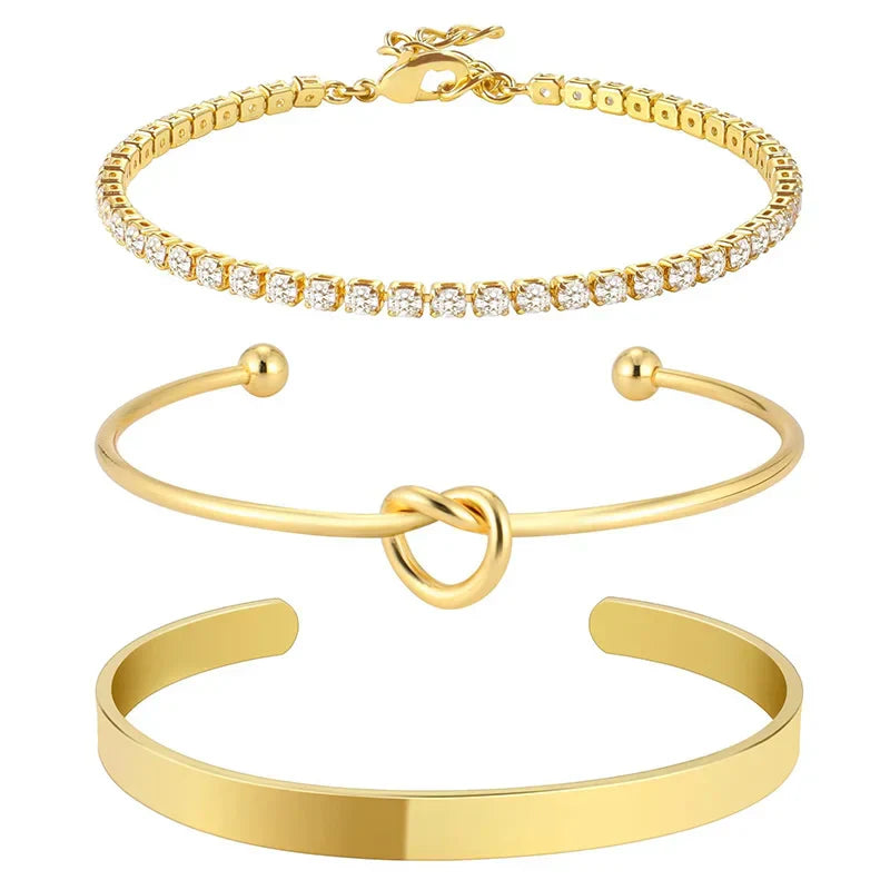 3pcs Stainless Steel Gold Plated Bracelets Adjustable Jewelry Gifts Luxury Zircon Chain Bangles Jewelry Accessories – Halskette