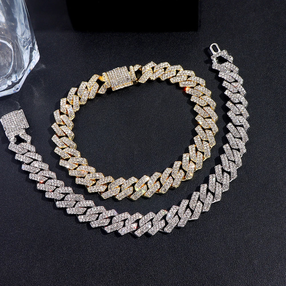 14MM Iced Prong Link Cuban Chain Bracelets Full Rhinestones Chunky Miami Cuban Bracelet Punk Hip Hop Jewelry Gift – Halskette