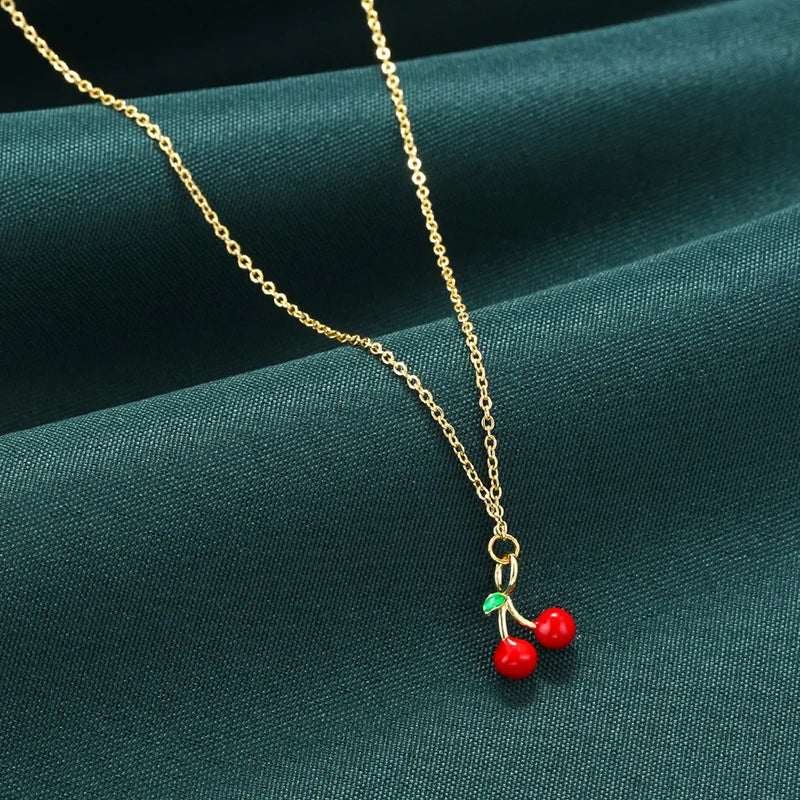 ZHUKOU Copper And Enamel Oil Drip Craft Red Cherry Pendant Necklace Personalised Jewellery Gift: VL635 – Halskette