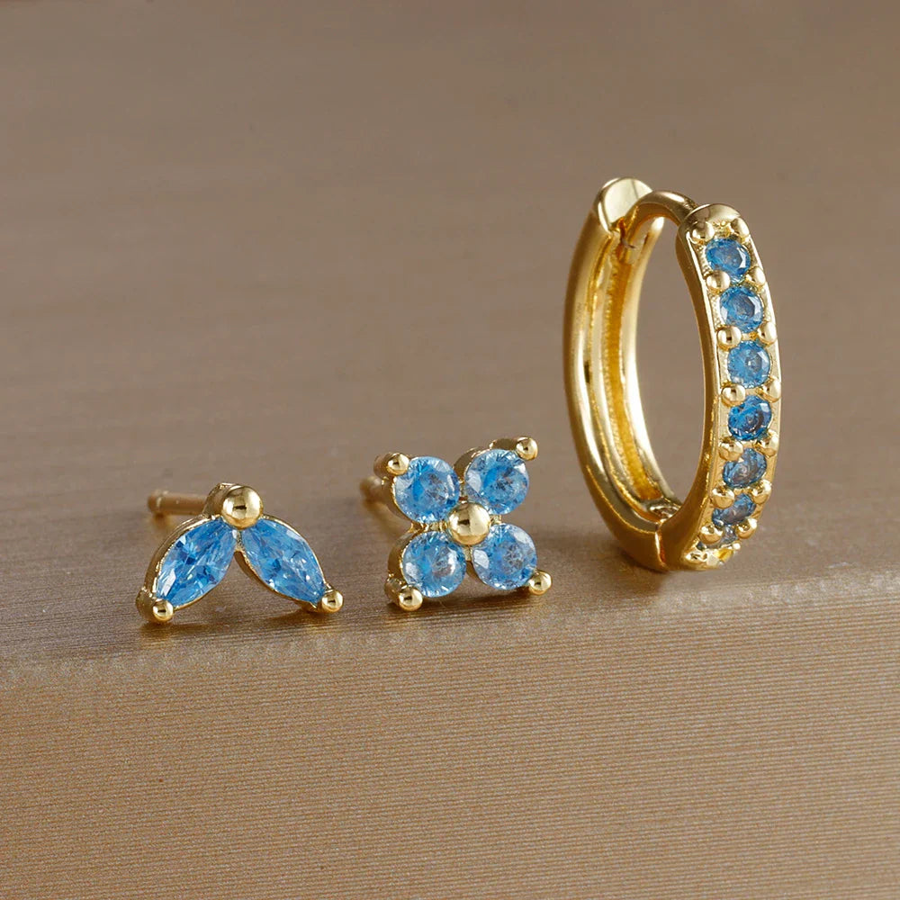 3PCS Stainless Steel Gold Color Circle Hoop Earrings Set Simple Zircon Flower Stud Earring Cartilage Piercing Jewelry