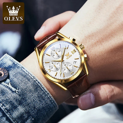 OLEVS Sport Quarz Chronograph Uhr für Herren, Wasserdicht mit Luminous Zeigern, Auto Date, Lederarmband