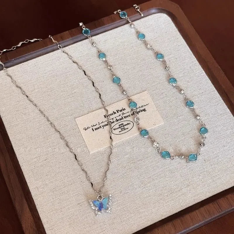 LATS Romantic Blue Crystal Butterfly Necklace Girls Simple Shiny Zircon Bilayer Choker Clavicle Chain Fine Jewelry – Halskette