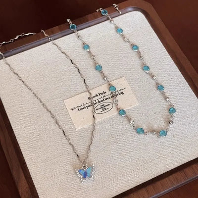 LATS Romantic Blue Crystal Butterfly Necklace Girls Simple Shiny Zircon Bilayer Choker Clavicle Chain Fine Jewelry – Halskette