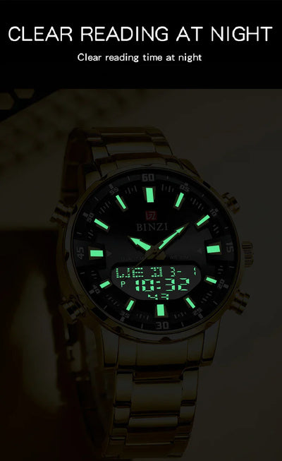 Luxus Herren-Armbanduhr 2025 – Goldene Edelstahluhr mit Dual Display | Relogio Masculino
