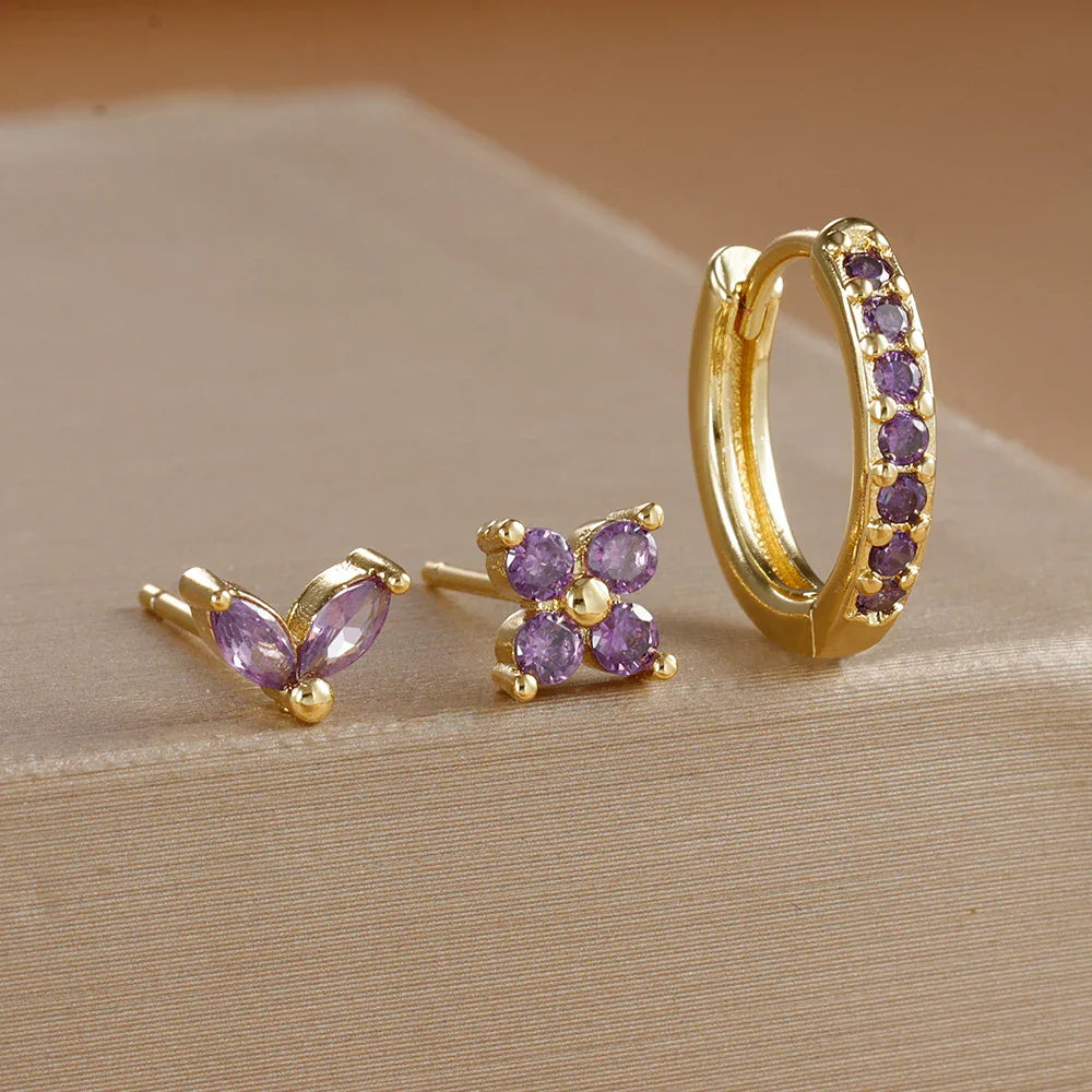 3PCS Stainless Steel Gold Color Circle Hoop Earrings Set Simple Zircon Flower Stud Earring Cartilage Piercing Jewelry