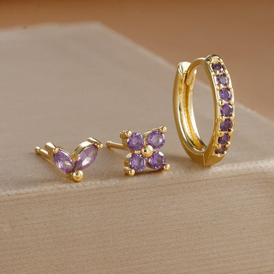 3PCS Stainless Steel Gold Color Circle Hoop Earrings Set Simple Zircon Flower Stud Earring Cartilage Piercing Jewelry