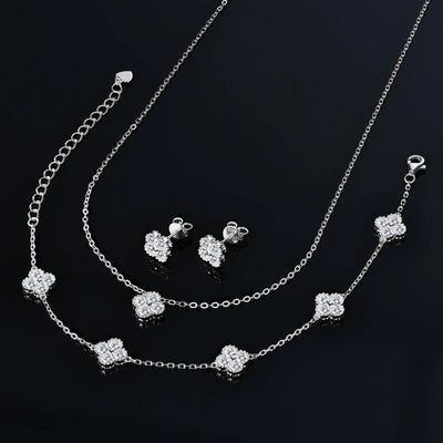 IOGOU 3 In 1 Clover Flower Jewelry Sets Silver 3mm D Moissanite Pendant Necklace Bracelet Stud Earrings Sets Charm