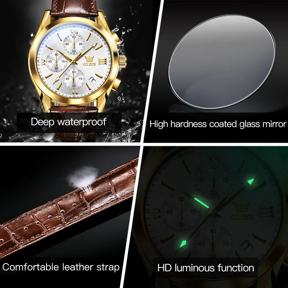 OLEVS Sport Quarz Chronograph Uhr für Herren, Wasserdicht mit Luminous Zeigern, Auto Date, Lederarmband