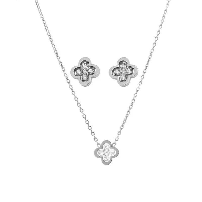Liora Exquisite Luck Clover Zircon Stainless Steel Drop Pendant Chain Necklaces Stud Earrings Charm Wedding Jewelry