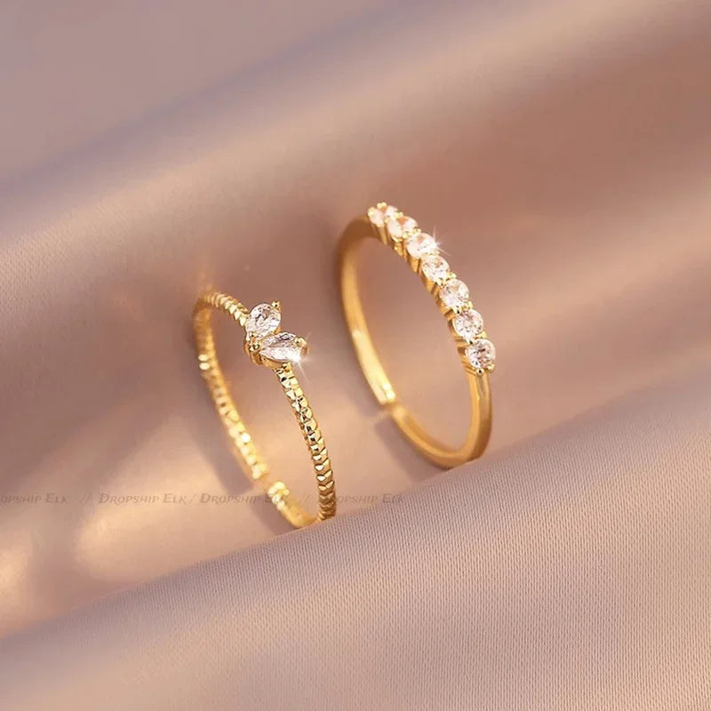 2pcs/set Gold Color Heart Zircon Rings Set Girls Adjustable Minimalism Luxury Twist Ring Fashion Jewelry Wedding Gifts
