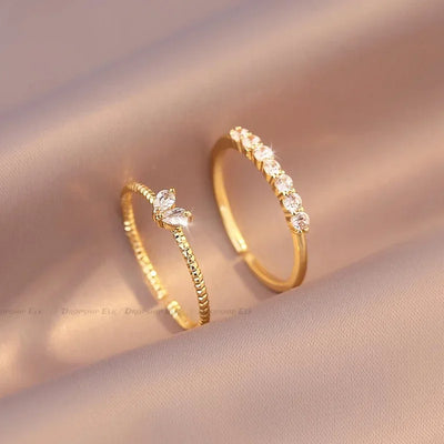2pcs/set Gold Color Heart Zircon Rings Set Girls Adjustable Minimalism Luxury Twist Ring Fashion Jewelry Wedding Gifts