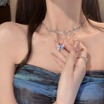 LATS Romantic Blue Crystal Butterfly Necklace Girls Simple Shiny Zircon Bilayer Choker Clavicle Chain Fine Jewelry – Halskette
