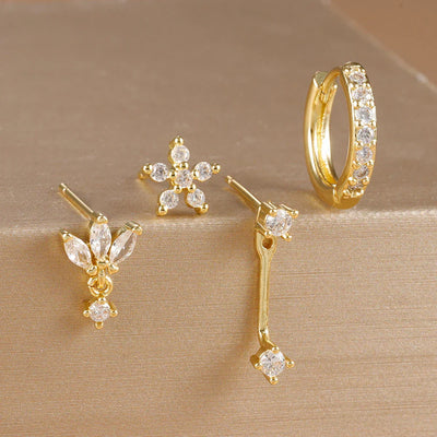 4PCS Stainless Steel Circle Huggie Hoop Earrings Set Gold Color Unique Zircon Flower Stud Earring Piercing Jewelry