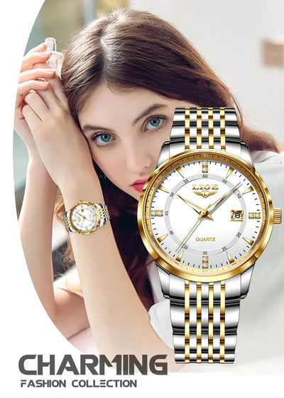 LIGE Damen Quarzuhr – Goldene Edelstahl Armbanduhr mit Luminous Zeigern, Stopuhr, Wasserfest, Auto-Datum – Luxus Armbanduhr für Damen