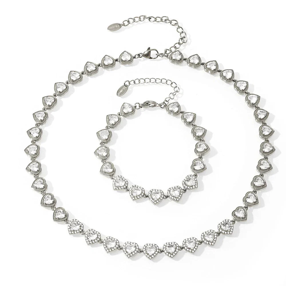 Trendy Stainless Steel Cuban Chain Necklace Bracelet White Zircon Inlaid Luxury Charm Bangle Jewelry Gift – Halskette