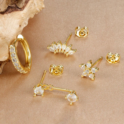 4PCS Stainless Steel Circle Huggie Hoop Earrings Set Gold Color Unique Zircon Flower Stud Earring Piercing Jewelry