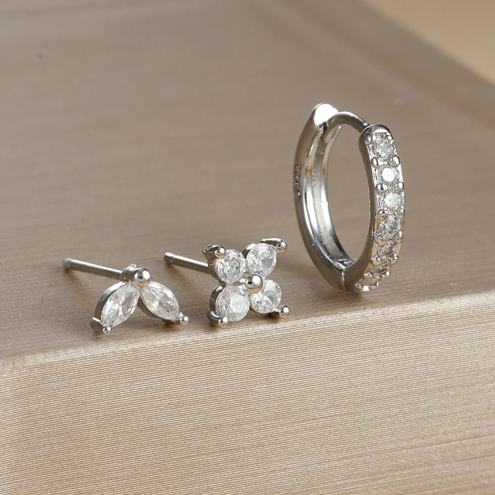 3PCS Stainless Steel Gold Color Circle Hoop Earrings Set Simple Zircon Flower Stud Earring Cartilage Piercing Jewelry