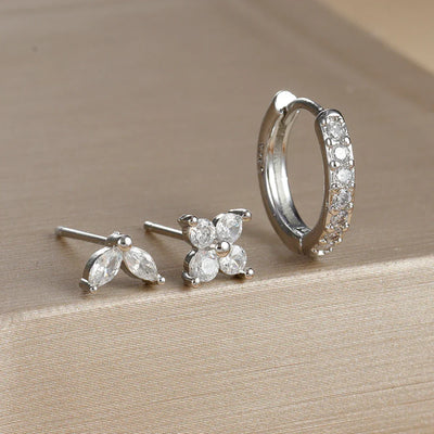 3PCS Stainless Steel Gold Color Circle Hoop Earrings Set Simple Zircon Flower Stud Earring Cartilage Piercing Jewelry