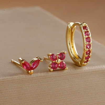 3PCS Stainless Steel Gold Color Circle Hoop Earrings Set Simple Zircon Flower Stud Earring Cartilage Piercing Jewelry