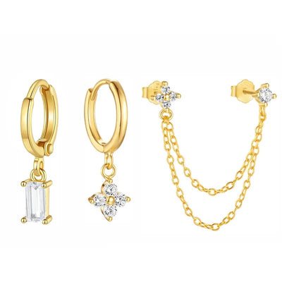 3PCS Fashion Four Zircon Flower Hoop Earring Set Stainless Steel Double Stud Chain Tassel Huggie Piercing Jewelry
