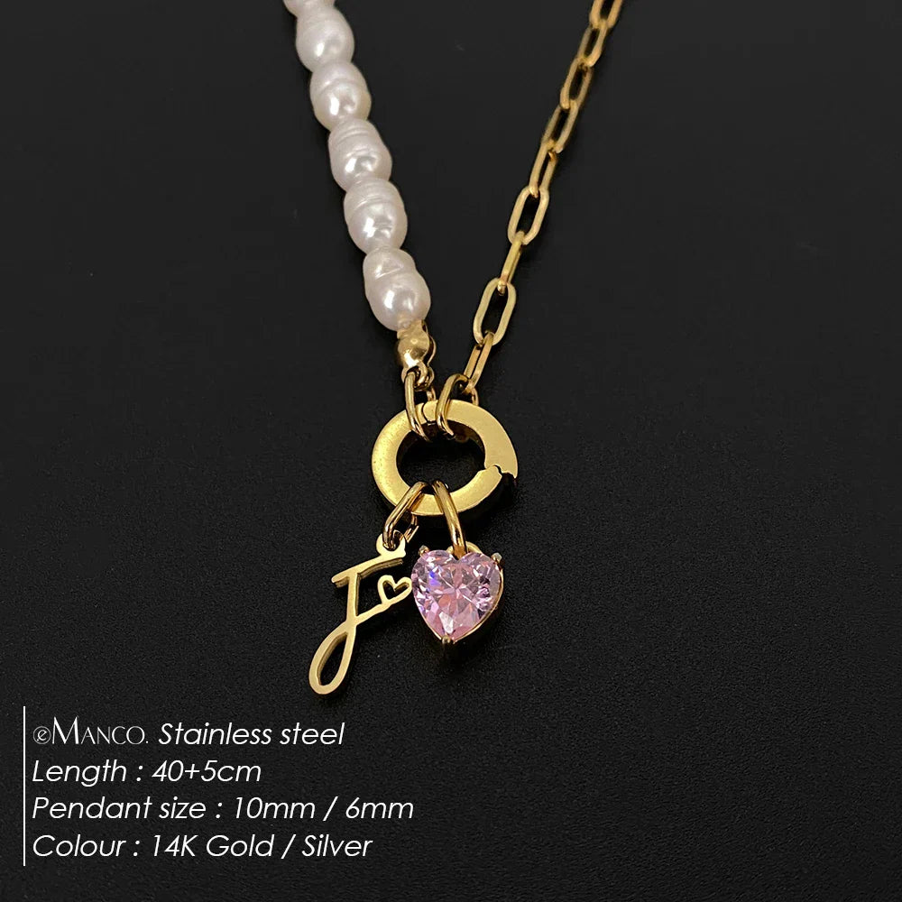 eManco Natural Freshwater Pearl Heart Stainless Steel Cubic Zirconia Pendant Necklace Aesthetic Luxury Chain Jewelry Gift – Halskette