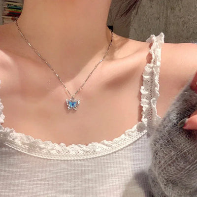 LATS Romantic Blue Crystal Butterfly Necklace Girls Simple Shiny Zircon Bilayer Choker Clavicle Chain Fine Jewelry – Halskette