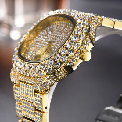Luxus "Iced Out" Quarz-Armbanduhr für Herren – Edelstahl, Stoßfest, Wasserdicht