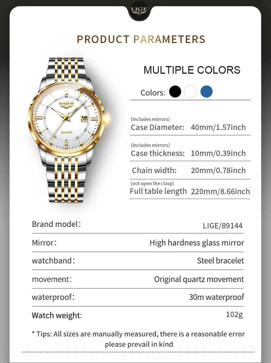 LIGE Damen Quarzuhr – Goldene Edelstahl Armbanduhr mit Luminous Zeigern, Stopuhr, Wasserfest, Auto-Datum – Luxus Armbanduhr für Damen