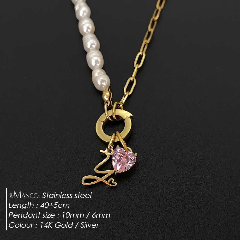 eManco Natural Freshwater Pearl Heart Stainless Steel Cubic Zirconia Pendant Necklace Aesthetic Luxury Chain Jewelry Gift – Halskette