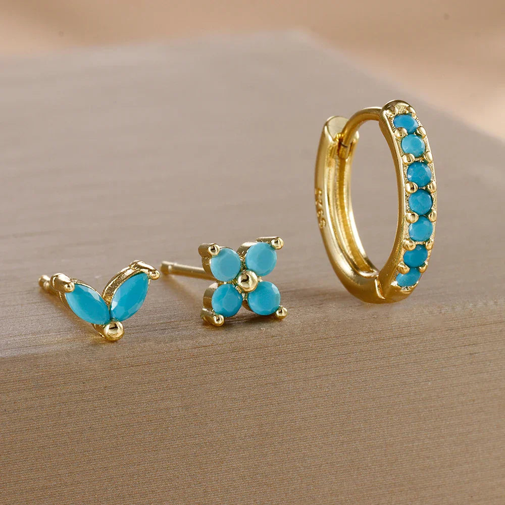 3PCS Stainless Steel Gold Color Circle Hoop Earrings Set Simple Zircon Flower Stud Earring Cartilage Piercing Jewelry