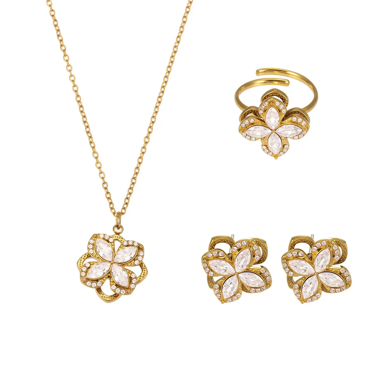 Gorgeous Zircon Necklace Earrings Ring Revolving Flower Pendant Gold Plated Chain Stainless Steel Charm Jewelry Gift