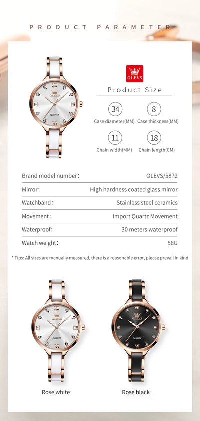 Olevs 5872 Damen Quarzuhr – Elegante Keramik Armbanduhr, Wasserdicht, Japanisches Uhrwerk
