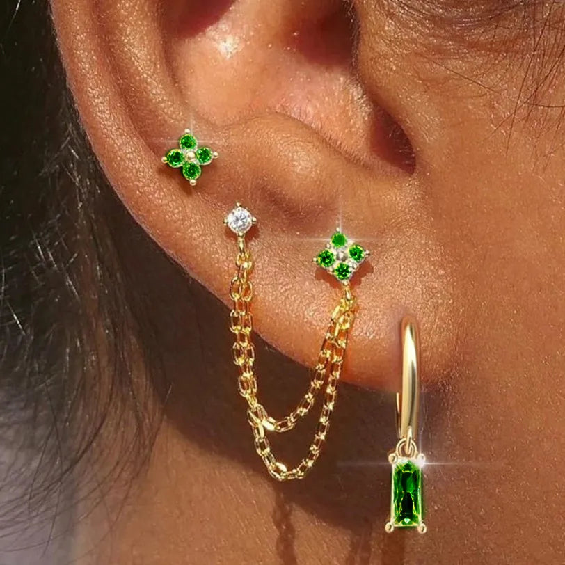 3PCS Fashion Four Zircon Flower Hoop Earring Set Stainless Steel Double Stud Chain Tassel Huggie Piercing Jewelry
