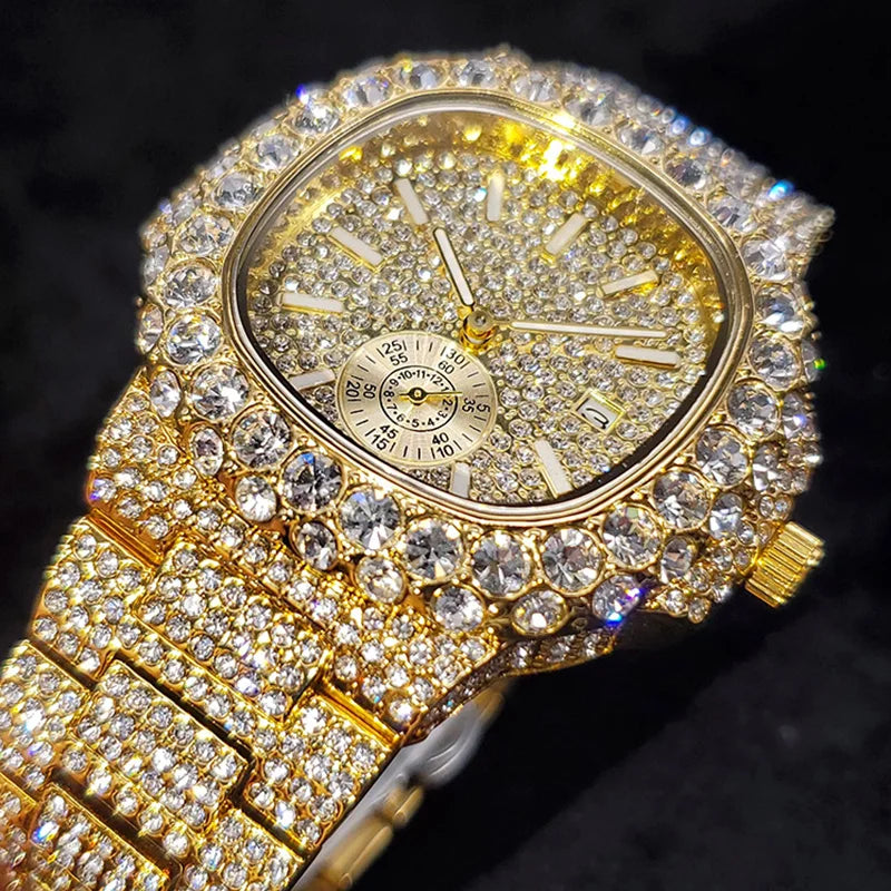 Luxus "Iced Out" Quarz-Armbanduhr für Herren – Edelstahl, Stoßfest, Wasserdicht