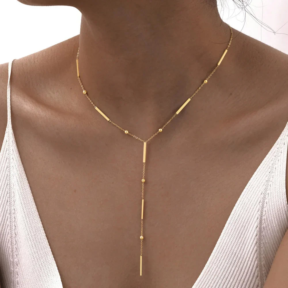 Beaded Long Chain Y Shape Necklace , Minimalist Drop Bar Pendant Choker Necklaces, Clavicle Chain Jewelry – Halskette