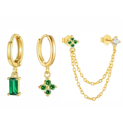 3PCS Fashion Four Zircon Flower Hoop Earring Set Stainless Steel Double Stud Chain Tassel Huggie Piercing Jewelry