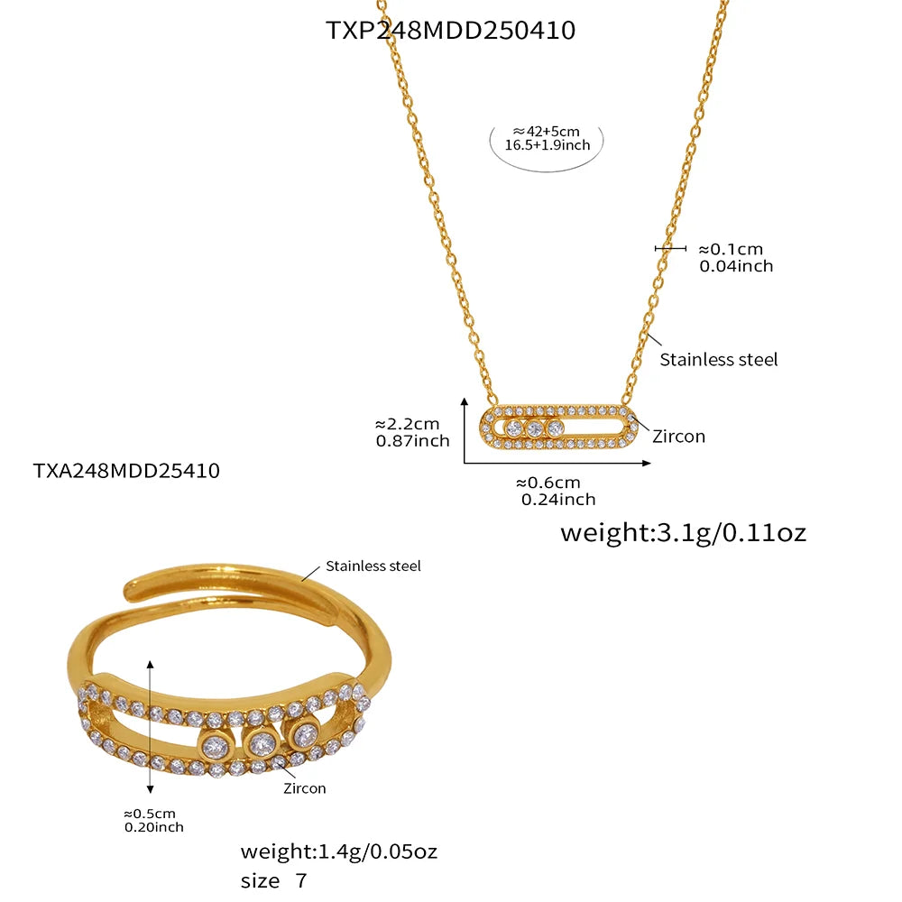Stainless Steel 18K Chain Gold Color Luxury Necklace Shiny Zirconia Hollow Pendant Necklace Ring Jewelry Set Gift