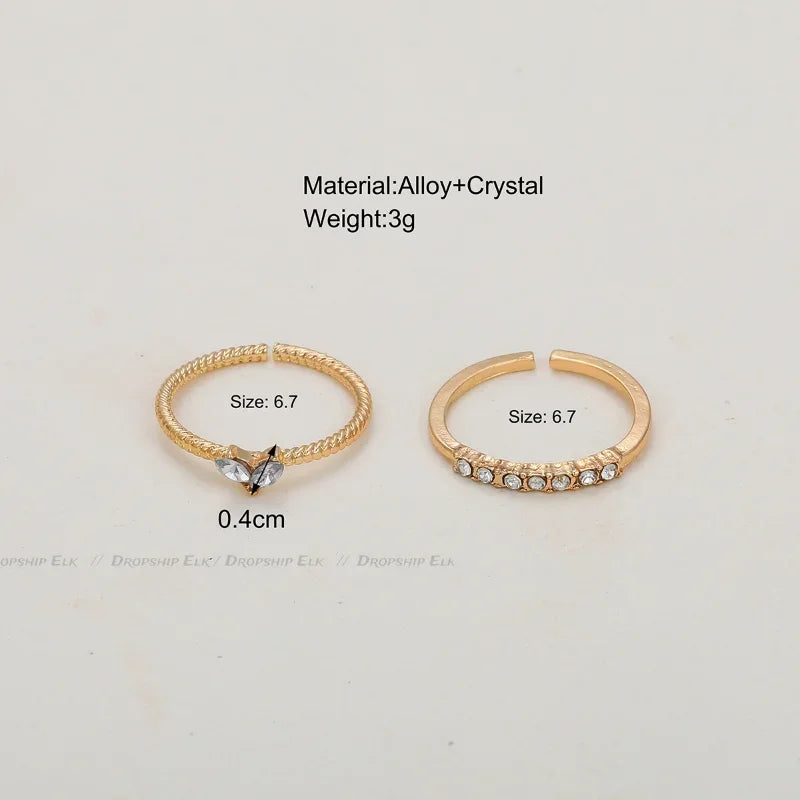 2pcs/set Gold Color Heart Zircon Rings Set Girls Adjustable Minimalism Luxury Twist Ring Fashion Jewelry Wedding Gifts