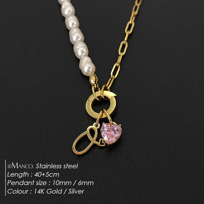 eManco Natural Freshwater Pearl Heart Stainless Steel Cubic Zirconia Pendant Necklace Aesthetic Luxury Chain Jewelry Gift – Halskette