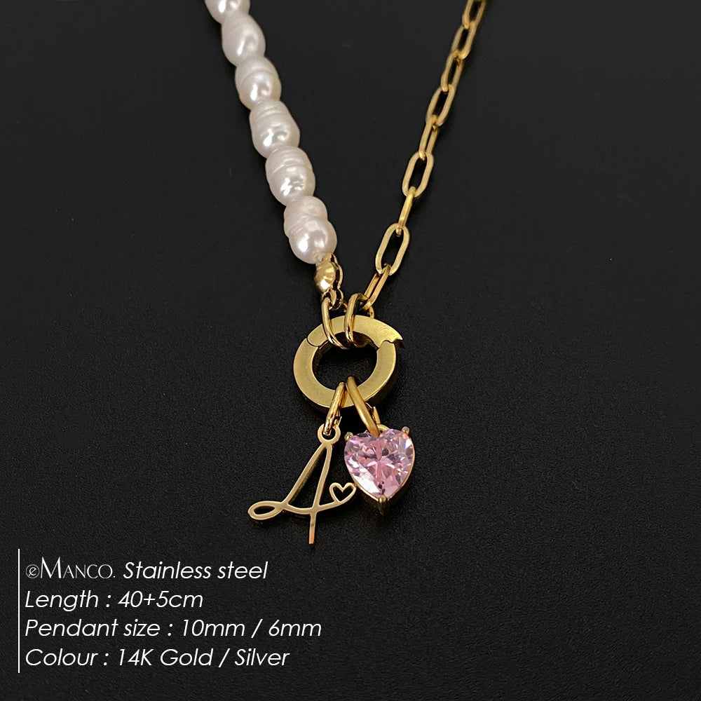 eManco Natural Freshwater Pearl Heart Stainless Steel Cubic Zirconia Pendant Necklace Aesthetic Luxury Chain Jewelry Gift – Halskette