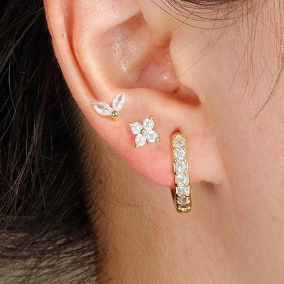 3PCS Stainless Steel Gold Color Circle Hoop Earrings Set Simple Zircon Flower Stud Earring Cartilage Piercing Jewelry