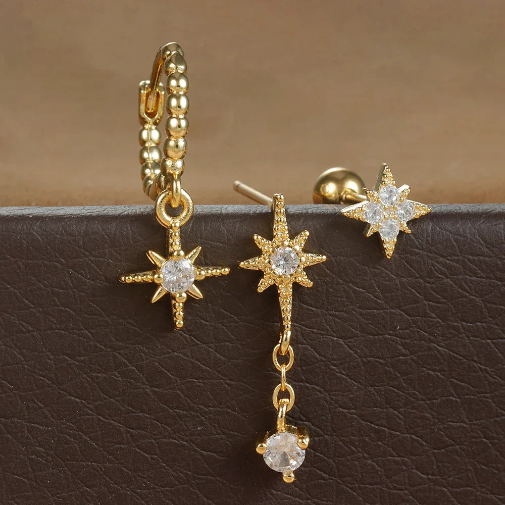 3PCS Gold Color Star Earrings Set Zircon Pendant Stainless Steel Hoop Earring Trend Wedding Jewelry pendientes mujer