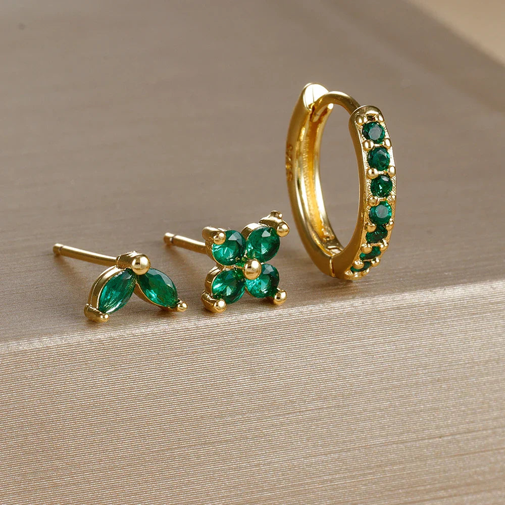 3PCS Stainless Steel Gold Color Circle Hoop Earrings Set Simple Zircon Flower Stud Earring Cartilage Piercing Jewelry